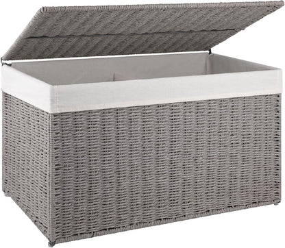 OIAHOMY Storage Basket with Lid, 27.7 Gallon (105L) Blanket Basket with Removable Separated Liner Bag, Paper Rope Hamper with Handle, Foldable, Shelf Basket for Living Room, Grey