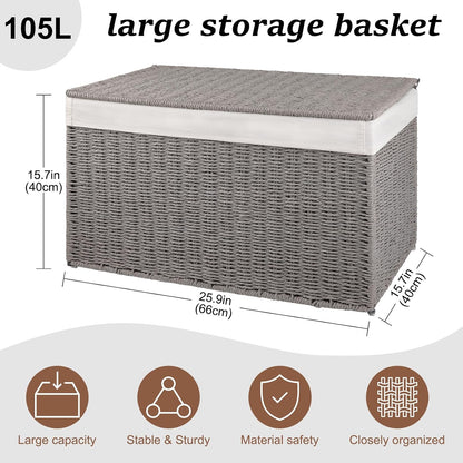 OIAHOMY Storage Basket with Lid, 27.7 Gallon (105L) Blanket Basket with Removable Separated Liner Bag, Paper Rope Hamper with Handle, Foldable, Shelf Basket for Living Room, Grey