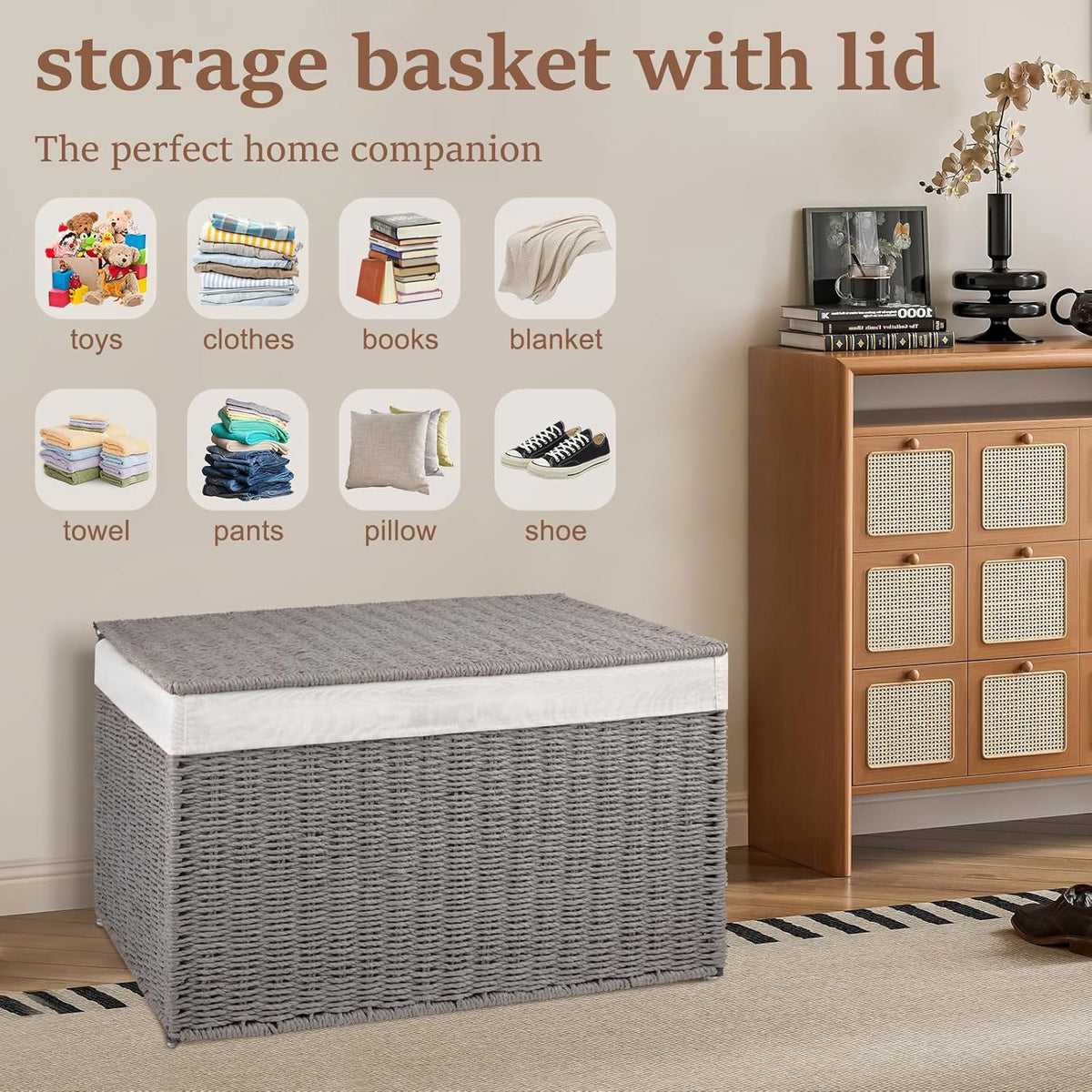 OIAHOMY Storage Basket with Lid, 27.7 Gallon (105L) Blanket Basket with Removable Separated Liner Bag, Paper Rope Hamper with Handle, Foldable, Shelf Basket for Living Room, Grey