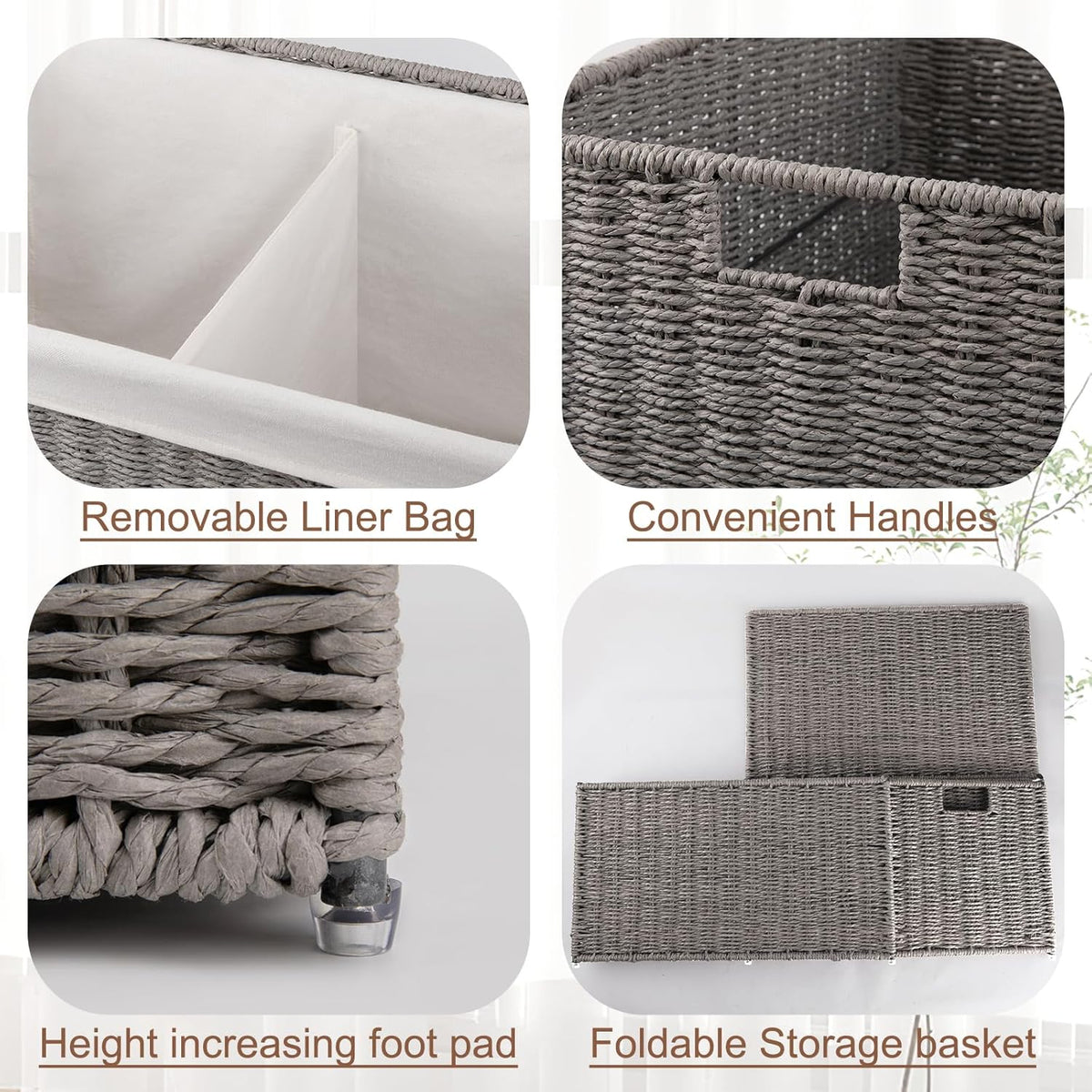 OIAHOMY Storage Basket with Lid, 27.7 Gallon (105L) Blanket Basket with Removable Separated Liner Bag, Paper Rope Hamper with Handle, Foldable, Shelf Basket for Living Room, Grey