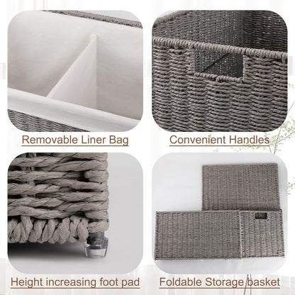 OIAHOMY Storage Basket with Lid, 27.7 Gallon (105L) Blanket Basket with Removable Separated Liner Bag, Paper Rope Hamper with Handle, Foldable, Shelf Basket for Living Room, Grey