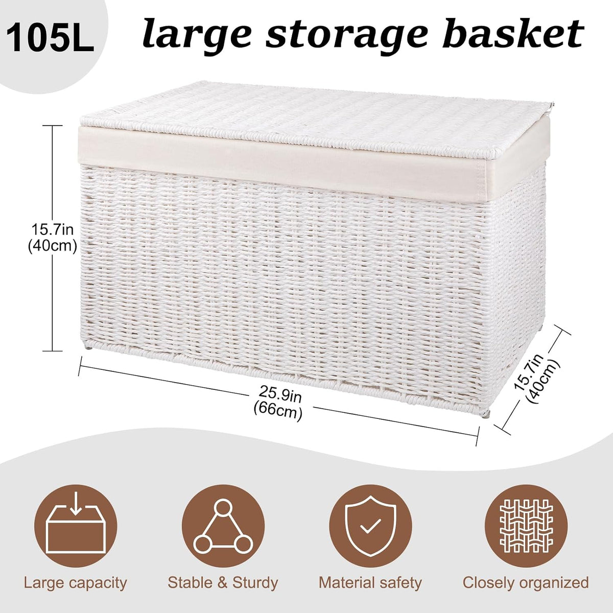 OIAHOMY Storage Basket with Lid, 27.7 Gallon (105L) Blanket Basket with Removable Separated Liner Bag, Paper Rope Hamper with Handle, Foldable, Shelf Basket for Living Room, Grey