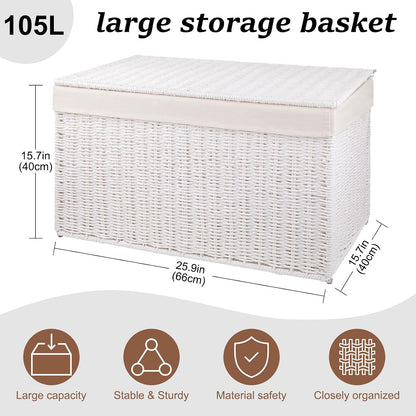OIAHOMY Storage Basket with Lid, 27.7 Gallon (105L) Blanket Basket with Removable Separated Liner Bag, Paper Rope Hamper with Handle, Foldable, Shelf Basket for Living Room, Grey