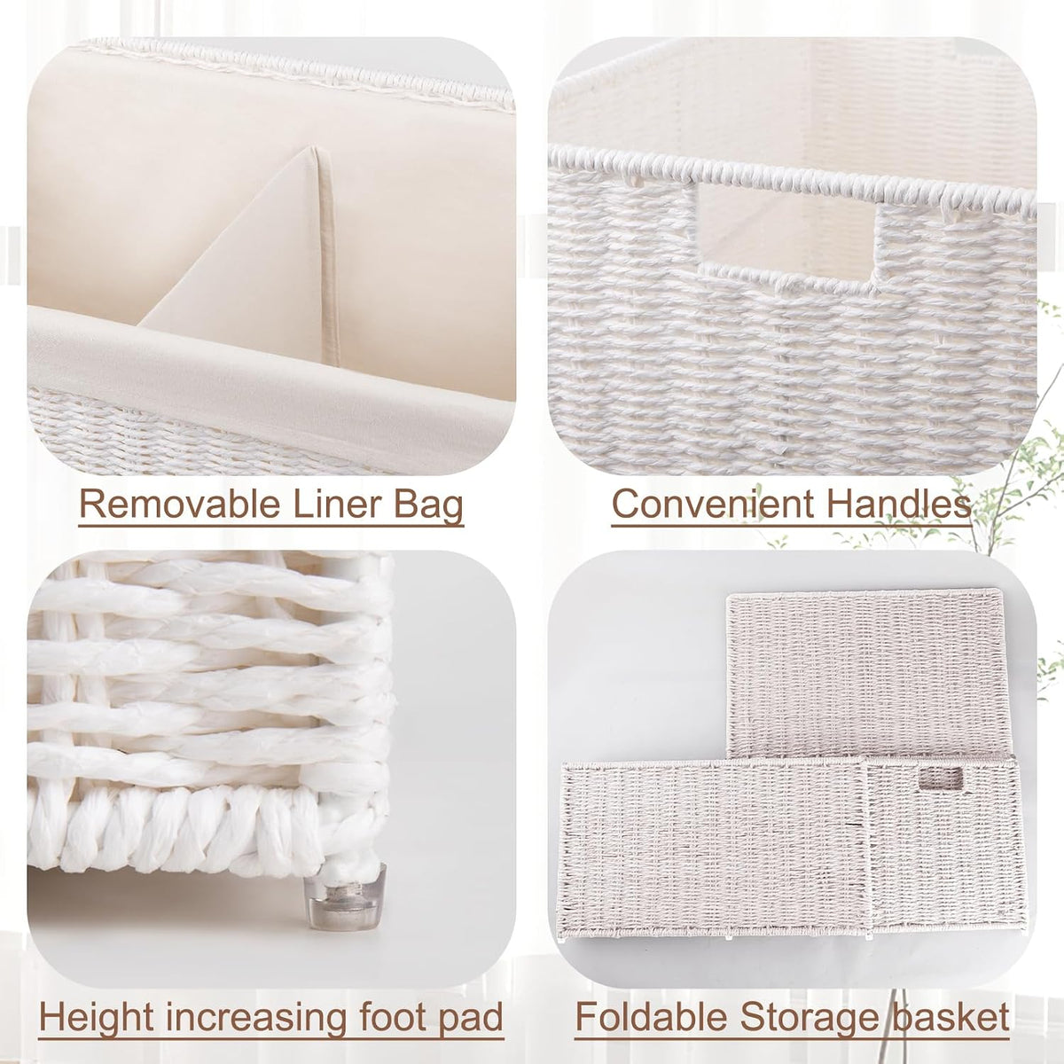 OIAHOMY Storage Basket with Lid, 27.7 Gallon (105L) Blanket Basket with Removable Separated Liner Bag, Paper Rope Hamper with Handle, Foldable, Shelf Basket for Living Room, Grey