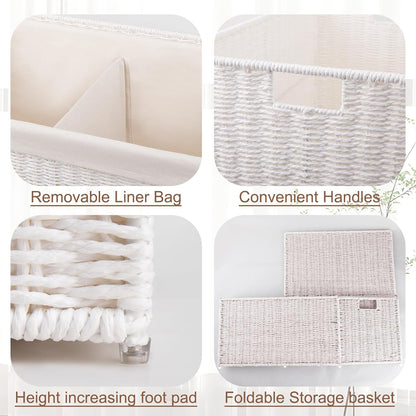 OIAHOMY Storage Basket with Lid, 27.7 Gallon (105L) Blanket Basket with Removable Separated Liner Bag, Paper Rope Hamper with Handle, Foldable, Shelf Basket for Living Room, Grey