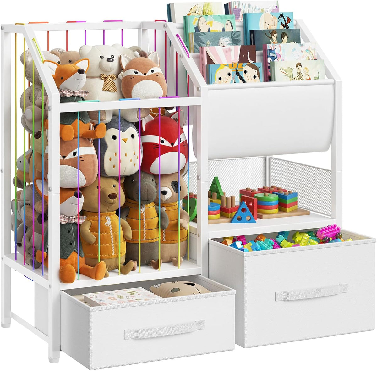 Kids Bookshelf and Toy Storage Organizer, Stuffed Animal Storage with Sling Bookshelf and Non-Woven Fabric Drawers, Children Bookcase for Nursery, Playroom, Kids Room, White WT37CW01