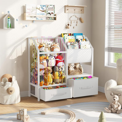 Kids Bookshelf and Toy Storage Organizer, Stuffed Animal Storage with Sling Bookshelf and Non-Woven Fabric Drawers, Children Bookcase for Nursery, Playroom, Kids Room, White WT37CW01