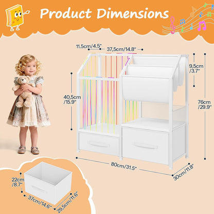 Kids Bookshelf and Toy Storage Organizer, Stuffed Animal Storage with Sling Bookshelf and Non-Woven Fabric Drawers, Children Bookcase for Nursery, Playroom, Kids Room, White WT37CW01