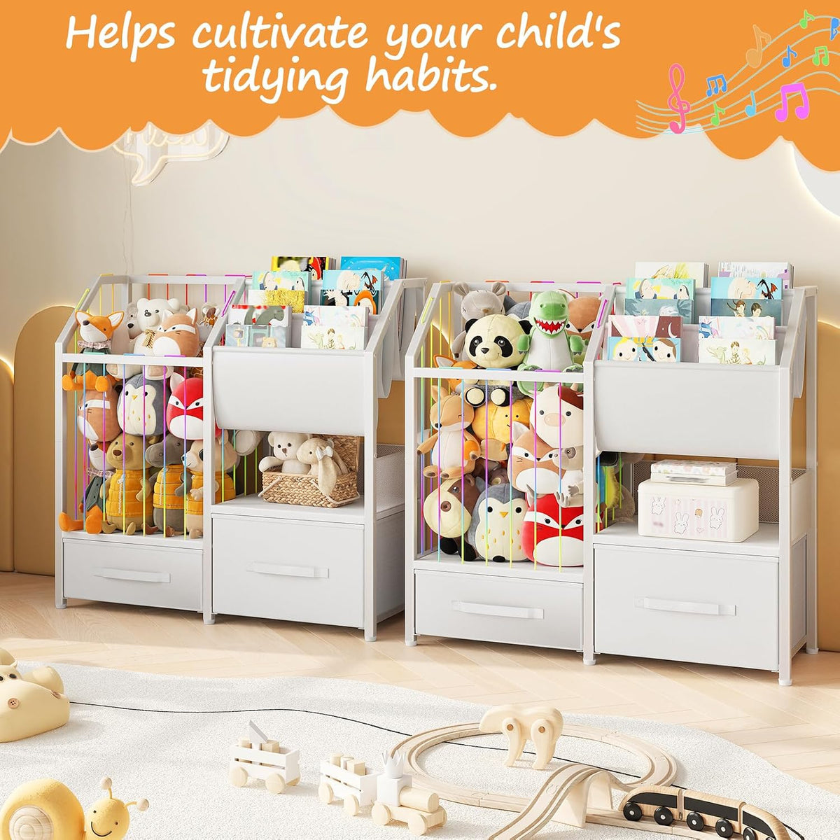 Kids Bookshelf and Toy Storage Organizer, Stuffed Animal Storage with Sling Bookshelf and Non-Woven Fabric Drawers, Children Bookcase for Nursery, Playroom, Kids Room, White WT37CW01