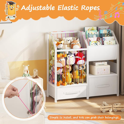 Kids Bookshelf and Toy Storage Organizer, Stuffed Animal Storage with Sling Bookshelf and Non-Woven Fabric Drawers, Children Bookcase for Nursery, Playroom, Kids Room, White WT37CW01