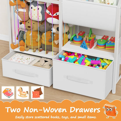 Kids Bookshelf and Toy Storage Organizer, Stuffed Animal Storage with Sling Bookshelf and Non-Woven Fabric Drawers, Children Bookcase for Nursery, Playroom, Kids Room, White WT37CW01