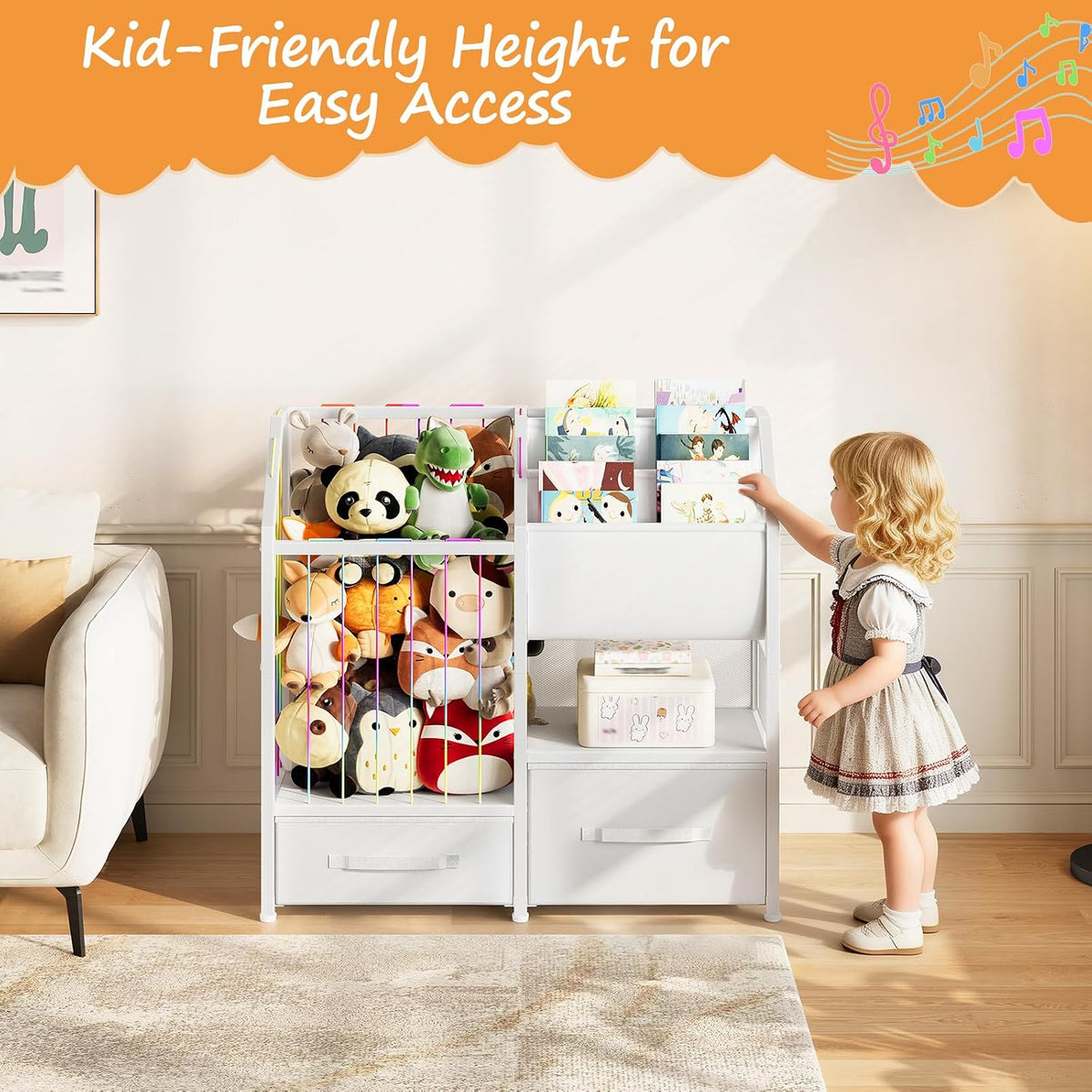 Kids Bookshelf and Toy Storage Organizer, Stuffed Animal Storage with Sling Bookshelf and Non-Woven Fabric Drawers, Children Bookcase for Nursery, Playroom, Kids Room, White WT37CW01