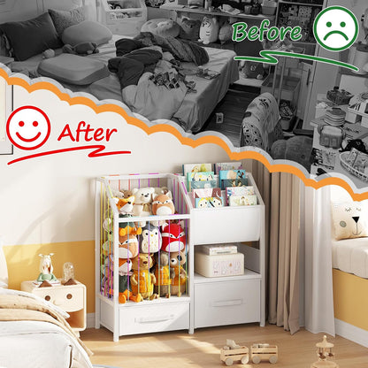Kids Bookshelf and Toy Storage Organizer, Stuffed Animal Storage with Sling Bookshelf and Non-Woven Fabric Drawers, Children Bookcase for Nursery, Playroom, Kids Room, White WT37CW01