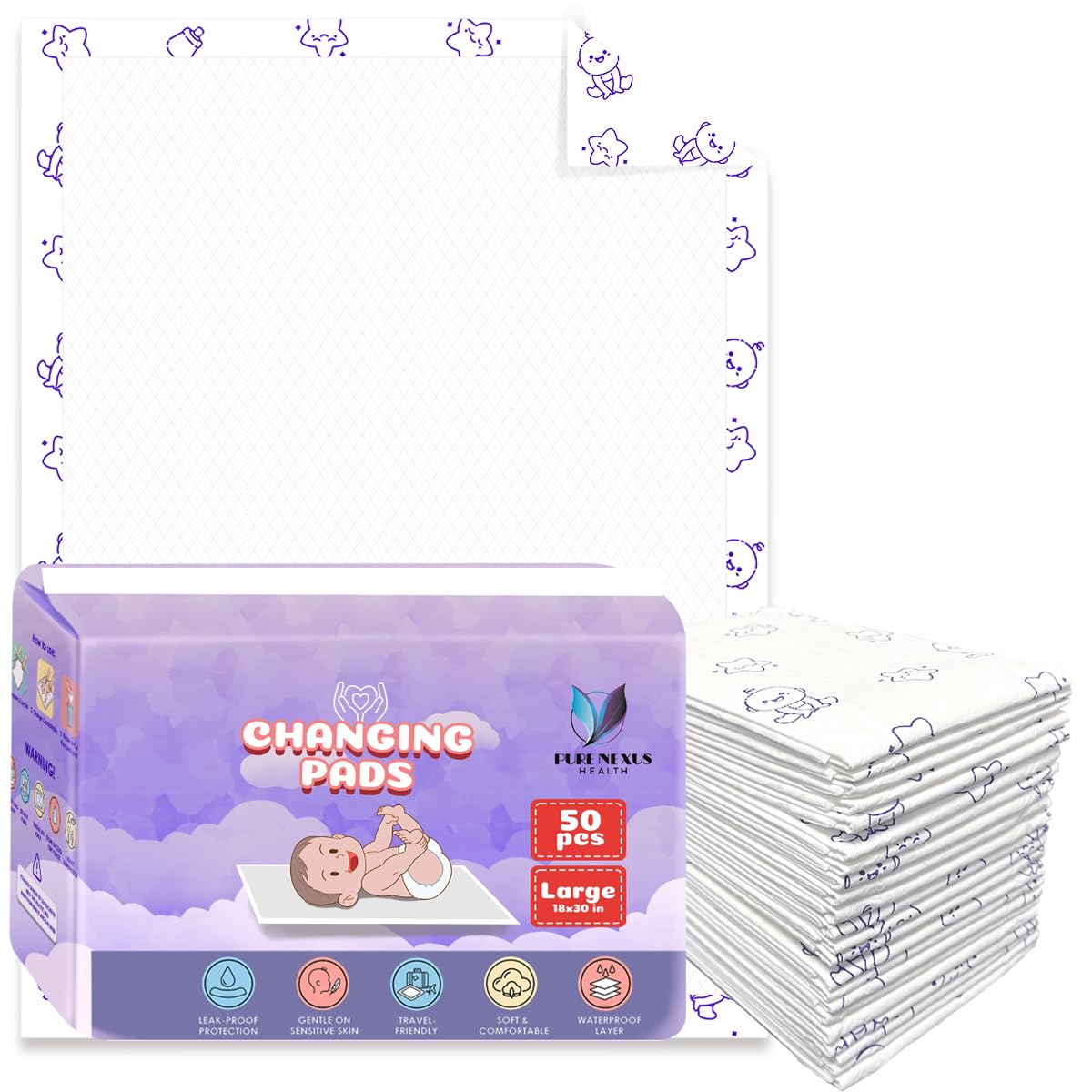 Disposable Baby Changing Pad Liners 18"x30" – 50 Pack, Soft, Waterproof & Ultra Absorbent for Mess-Free Diaper Changes