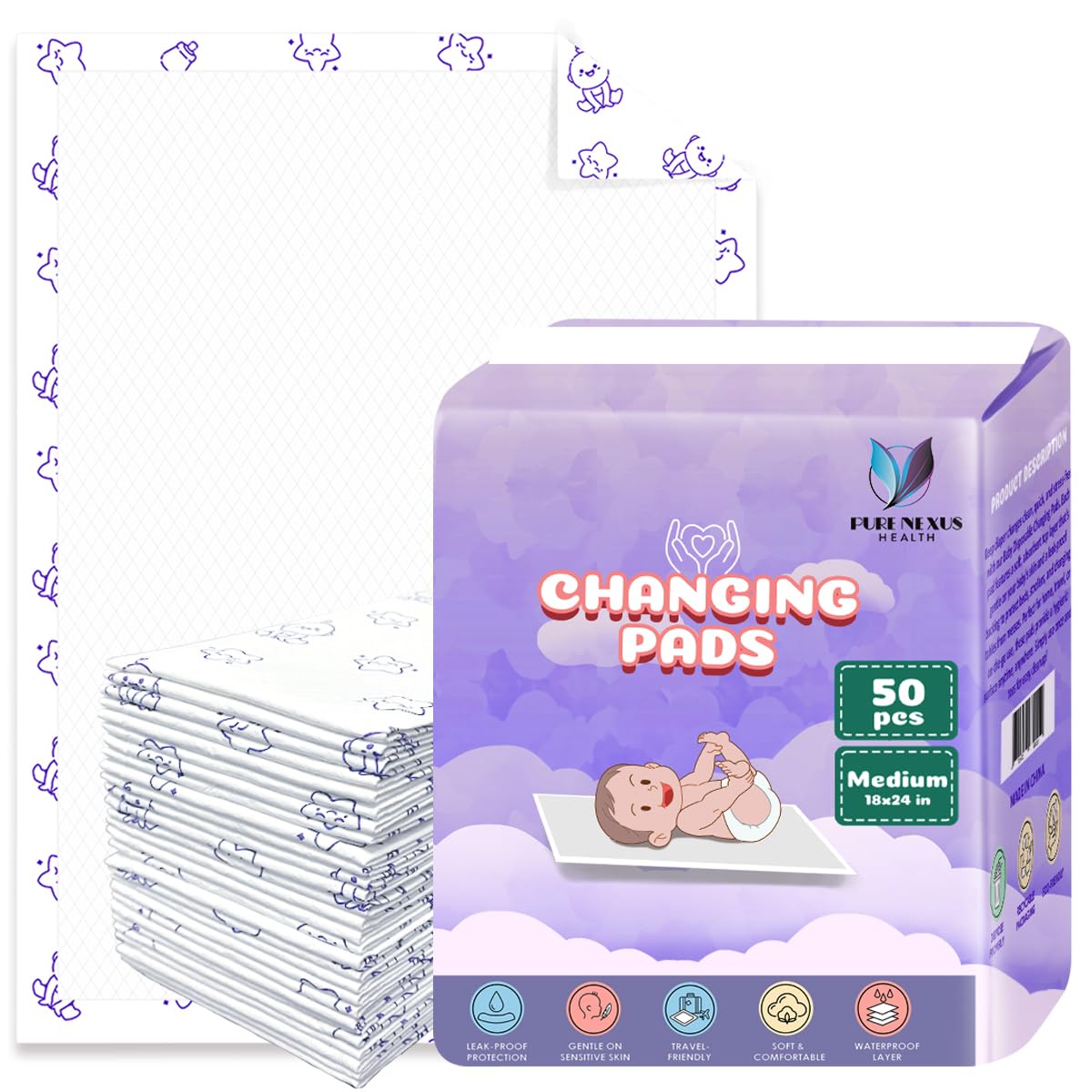 Disposable Baby Changing Pad Liners 18"x30" – 50 Pack, Soft, Waterproof & Ultra Absorbent for Mess-Free Diaper Changes