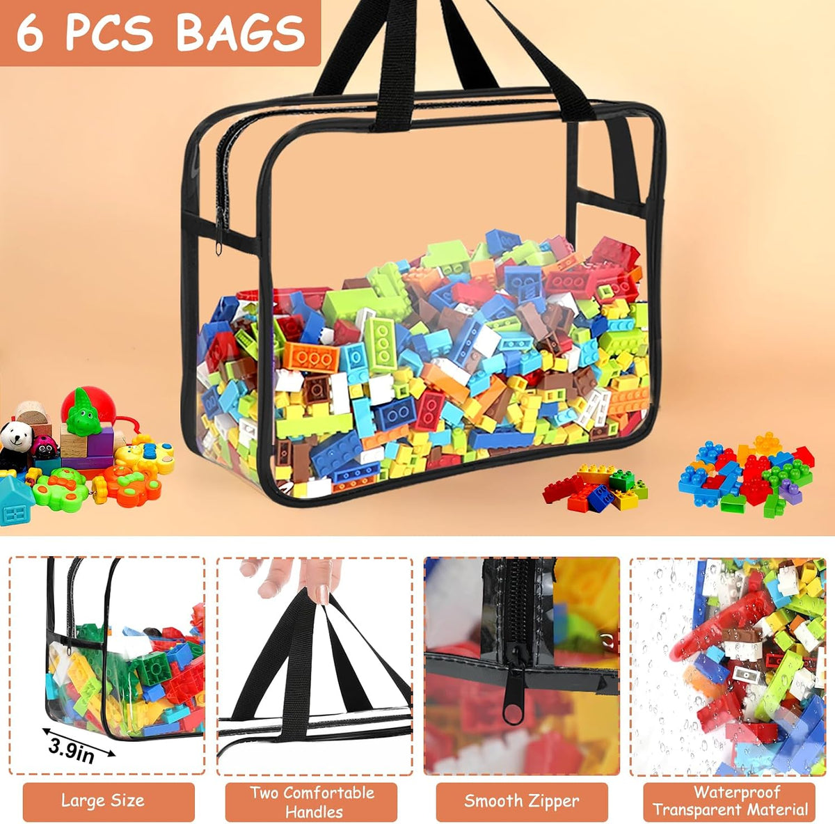 6 Colors Large Toy Storage Bags with Labels Reusable Clear Toy Organizer