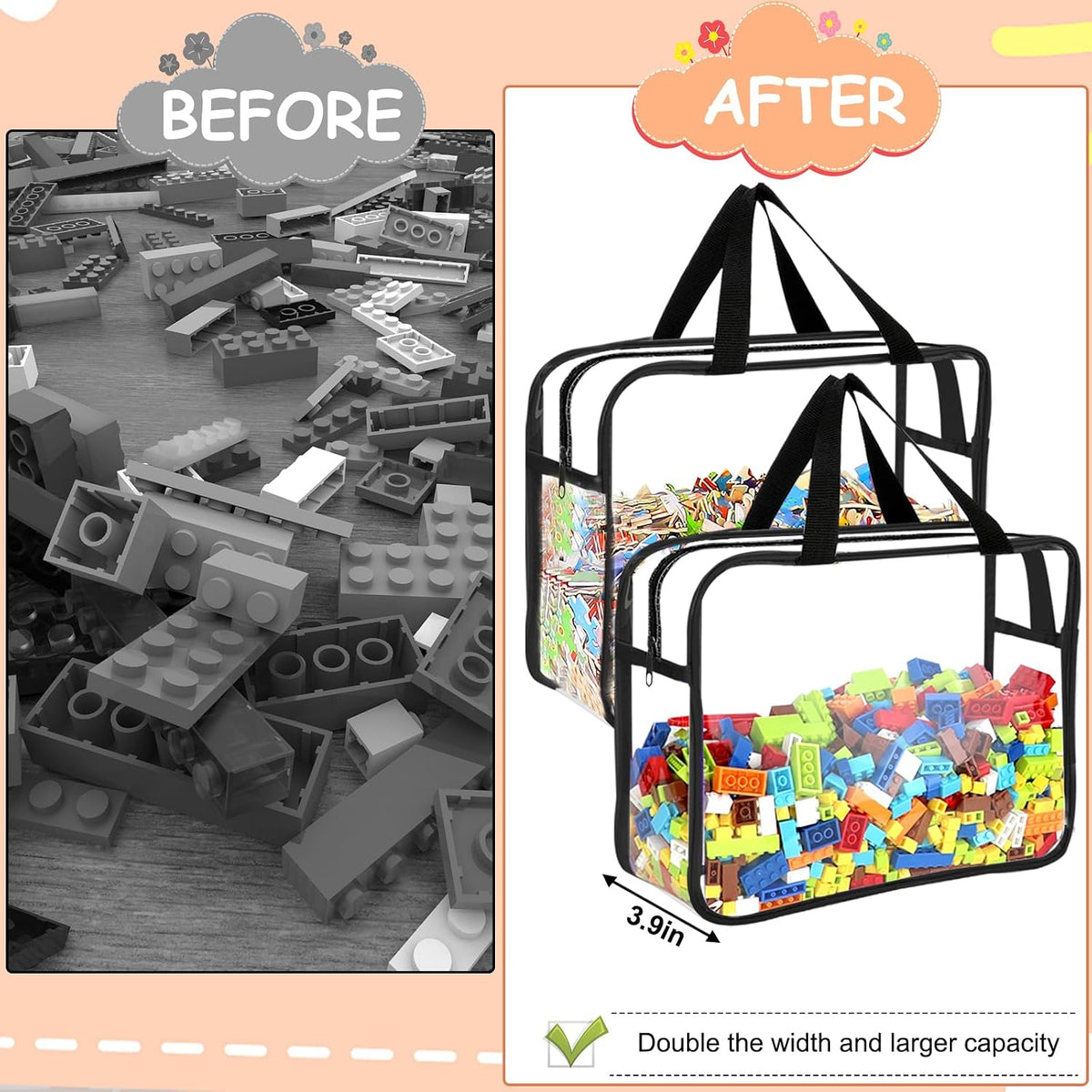6 Colors Large Toy Storage Bags with Labels Reusable Clear Toy Organizer