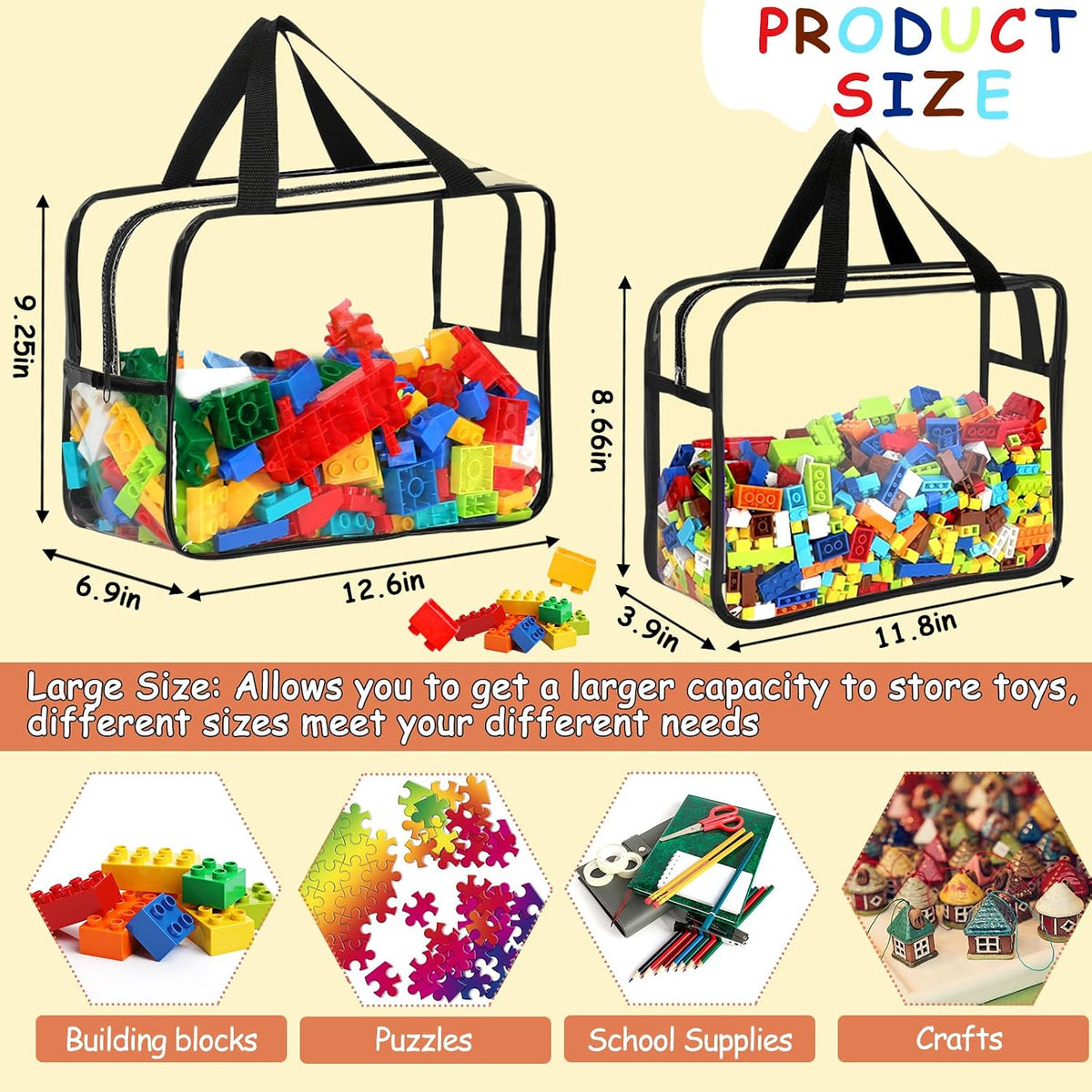 6 Colors Large Toy Storage Bags with Labels Reusable Clear Toy Organizer