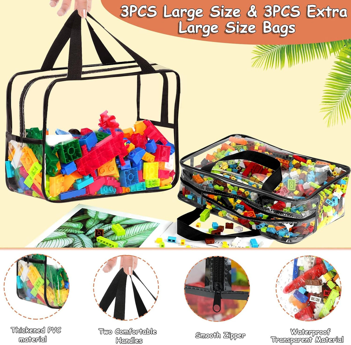 6 Colors Large Toy Storage Bags with Labels Reusable Clear Toy Organizer