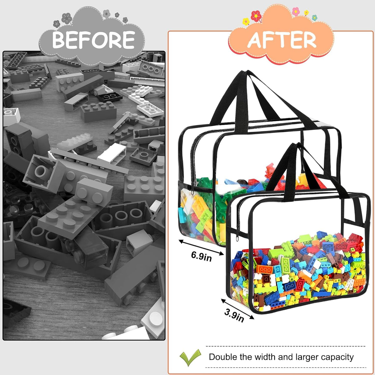 6 Colors Large Toy Storage Bags with Labels Reusable Clear Toy Organizer