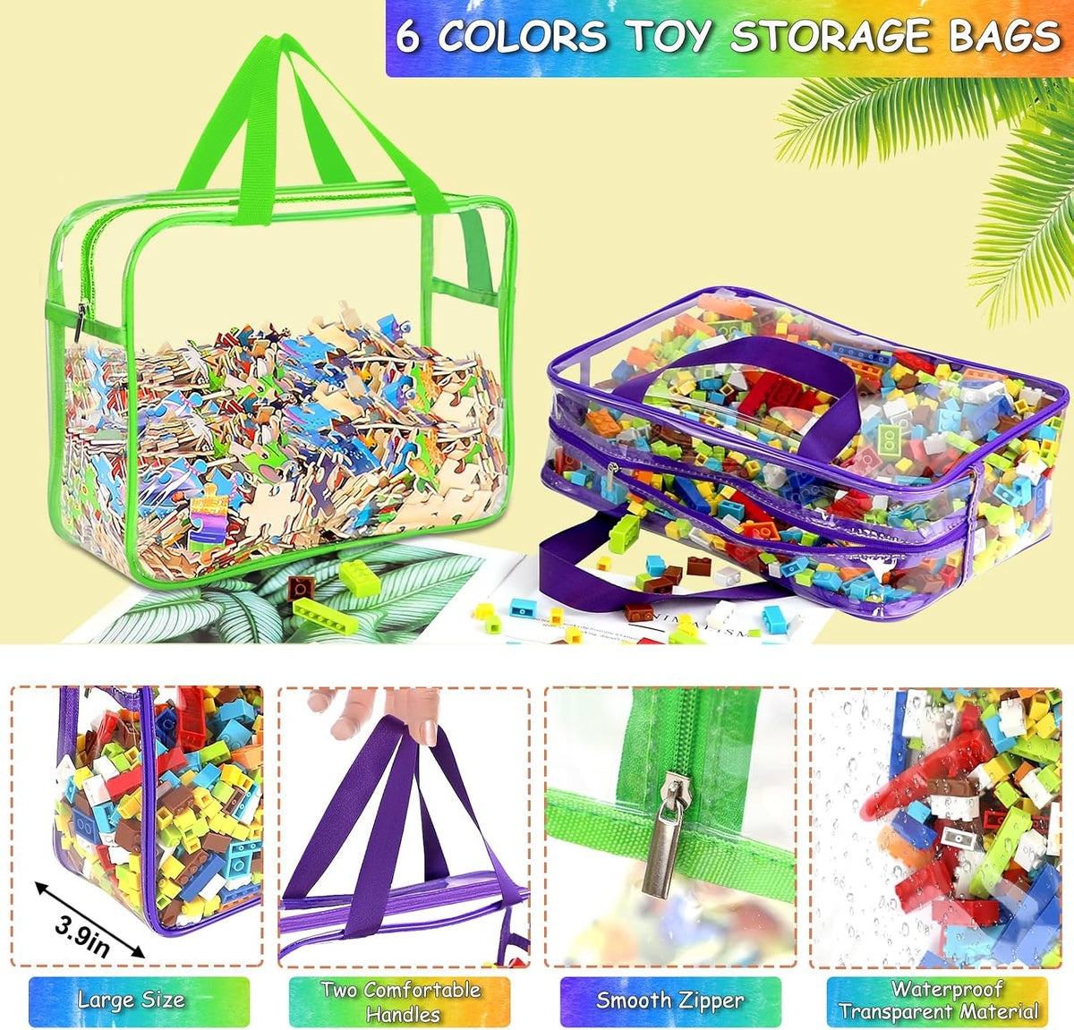 6 Colors Large Toy Storage Bags with Labels Reusable Clear Toy Organizer