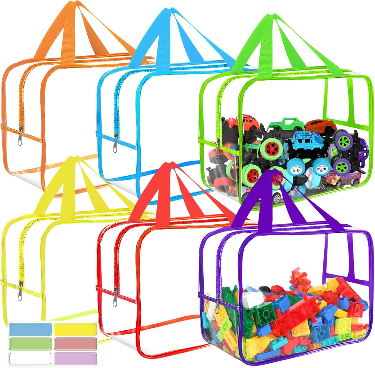 6 Colors Large Toy Storage Bags with Labels Reusable Clear Toy Organizer