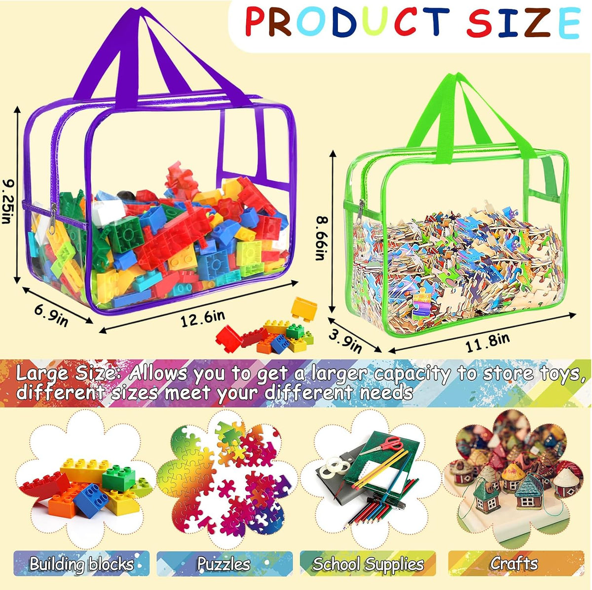 6 Colors Large Toy Storage Bags with Labels Reusable Clear Toy Organizer