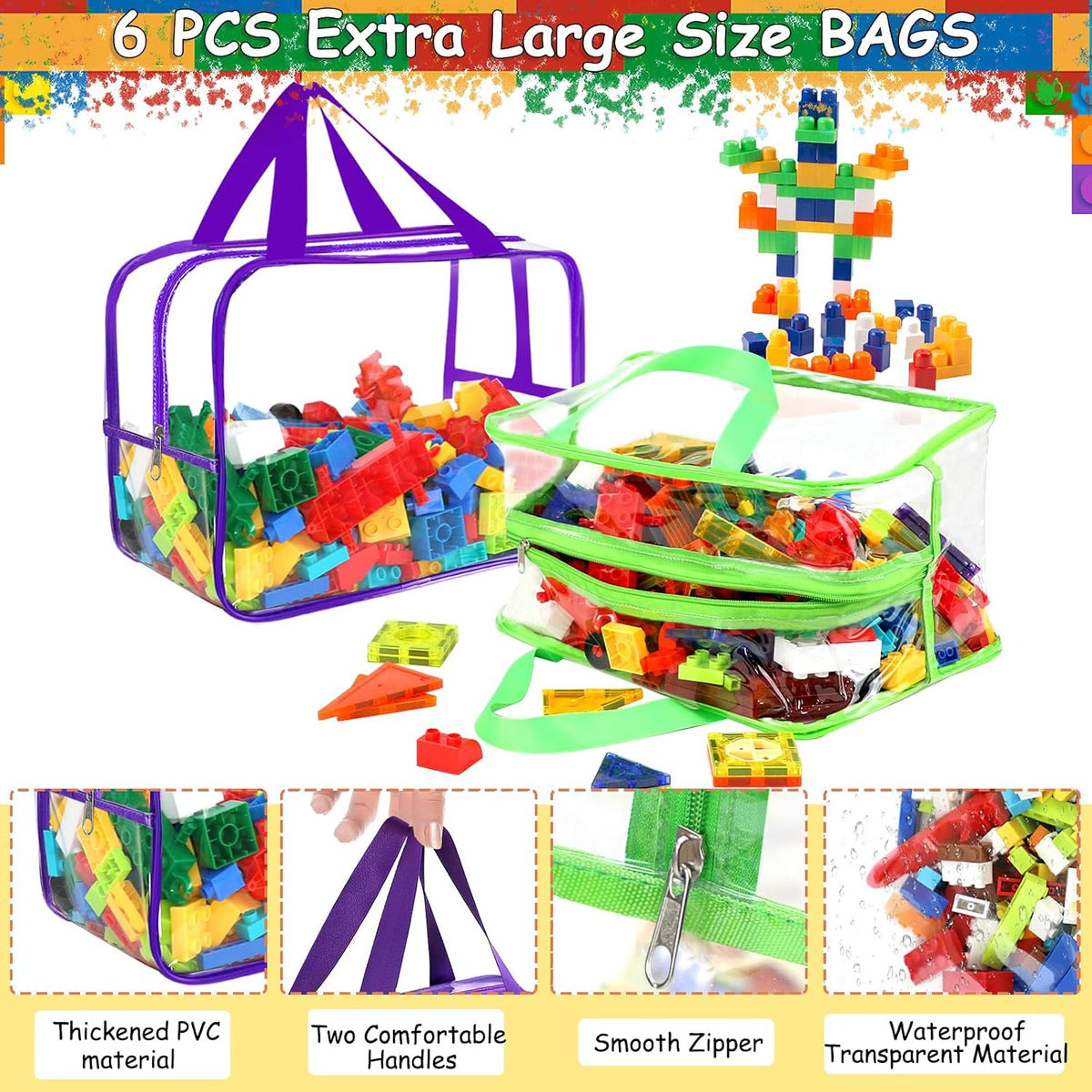 6 Colors Large Toy Storage Bags with Labels Reusable Clear Toy Organizer