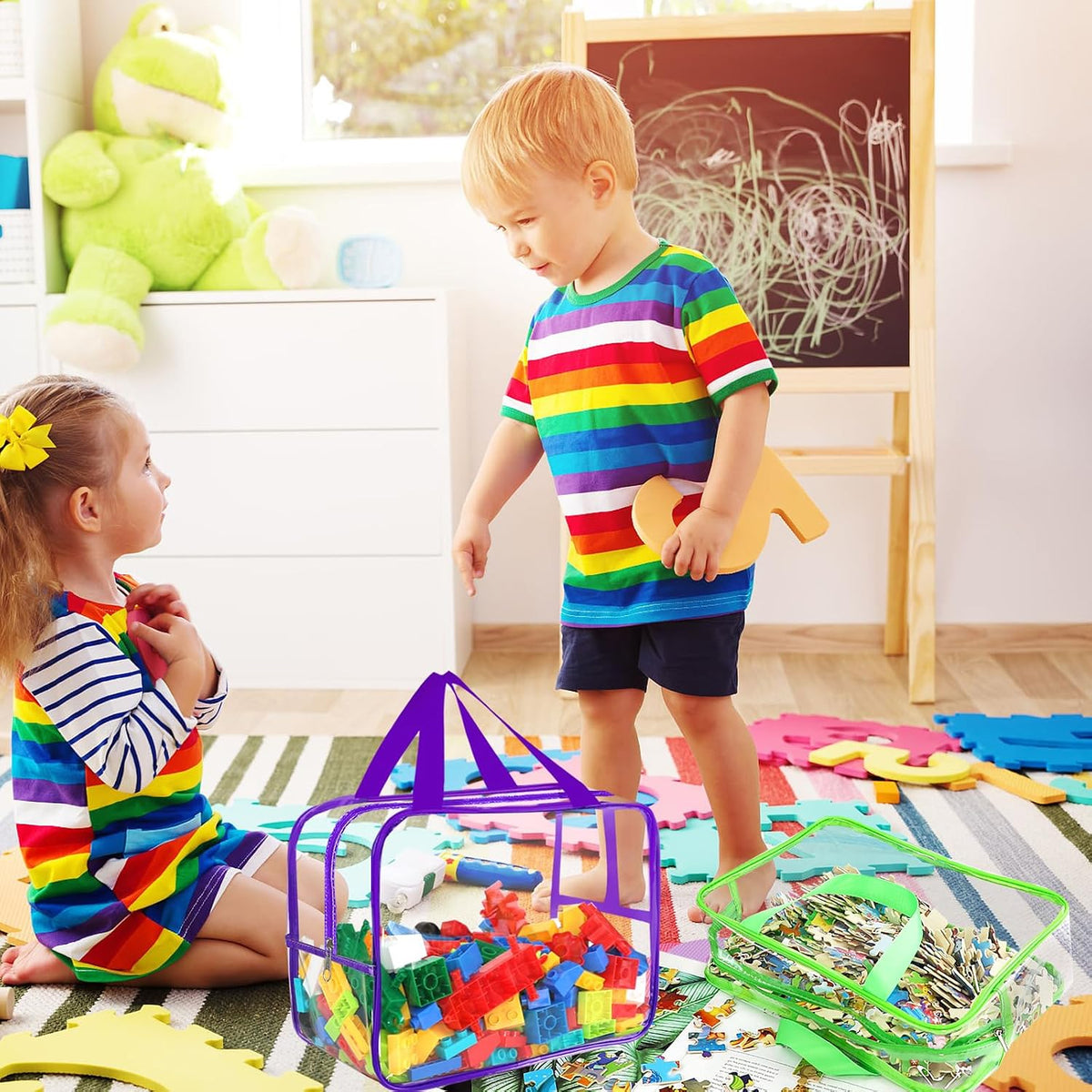 6 Colors Large Toy Storage Bags with Labels Reusable Clear Toy Organizer
