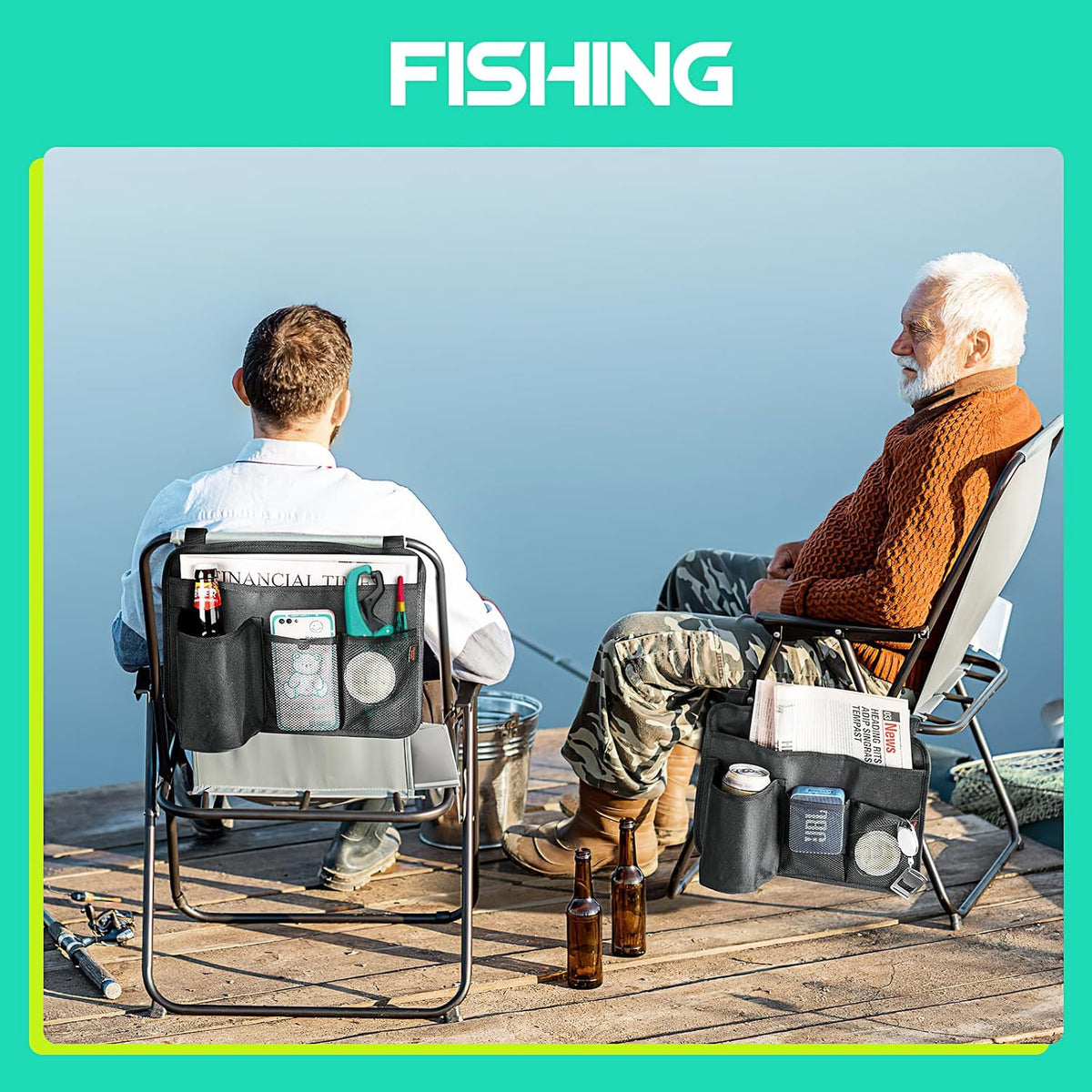 Beach Chair Arm Organizer Wheelchair Side Bag Camping Chair Side Organizer Caddy Storage Bag for Wheelchair/Beach Chair/Camping Chair Arm Accessories for Magazine/Tablet/Drinks