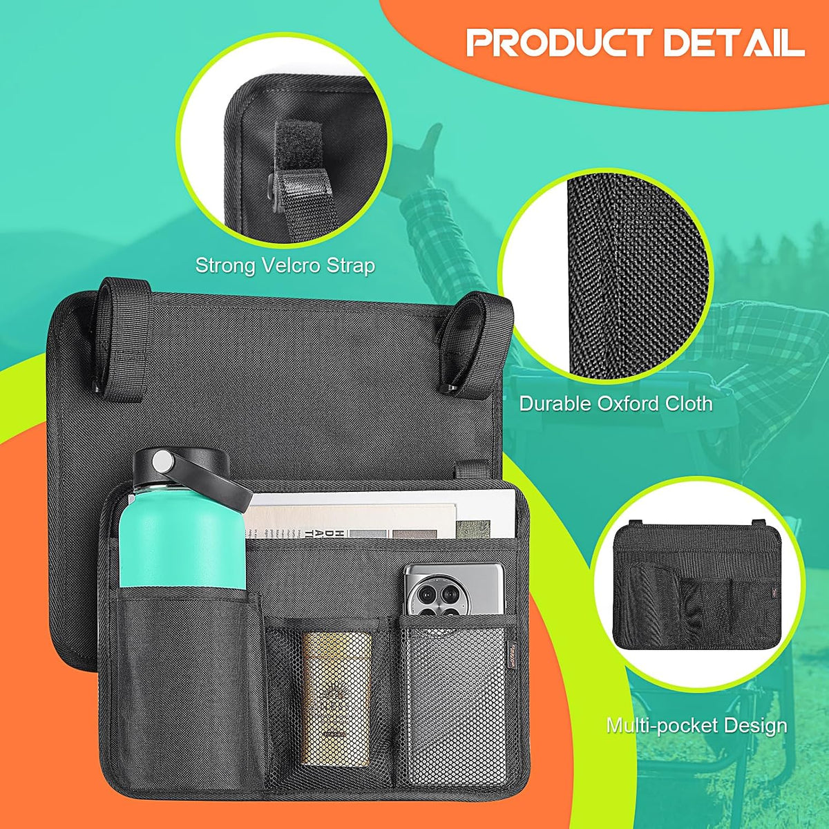 Beach Chair Arm Organizer Wheelchair Side Bag Camping Chair Side Organizer Caddy Storage Bag for Wheelchair/Beach Chair/Camping Chair Arm Accessories for Magazine/Tablet/Drinks