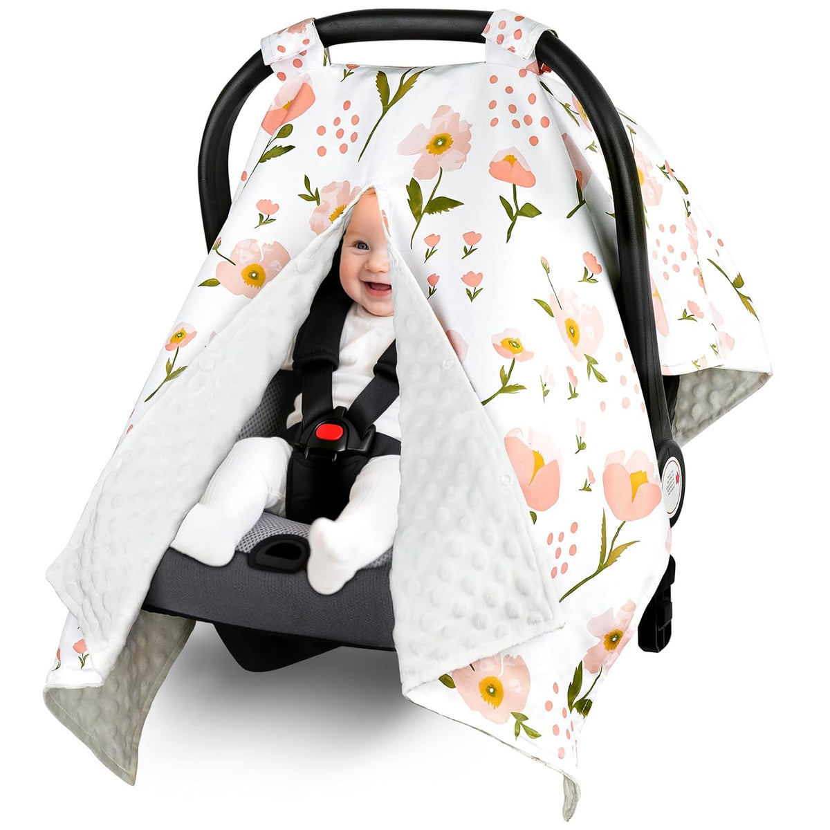 Metplus Baby Girls Car Seat Cover with Peekaboo Opening, Soft Minky Infant Carseat Canopy for Stroller & Carrier, All-Season Privacy Shield, Baby Shower Gift (Pink Flowers)