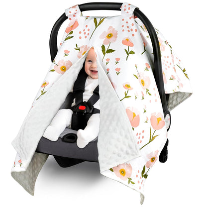 Metplus Baby Girls Car Seat Cover with Peekaboo Opening, Soft Minky Infant Carseat Canopy for Stroller & Carrier, All-Season Privacy Shield, Baby Shower Gift (Pink Flowers)