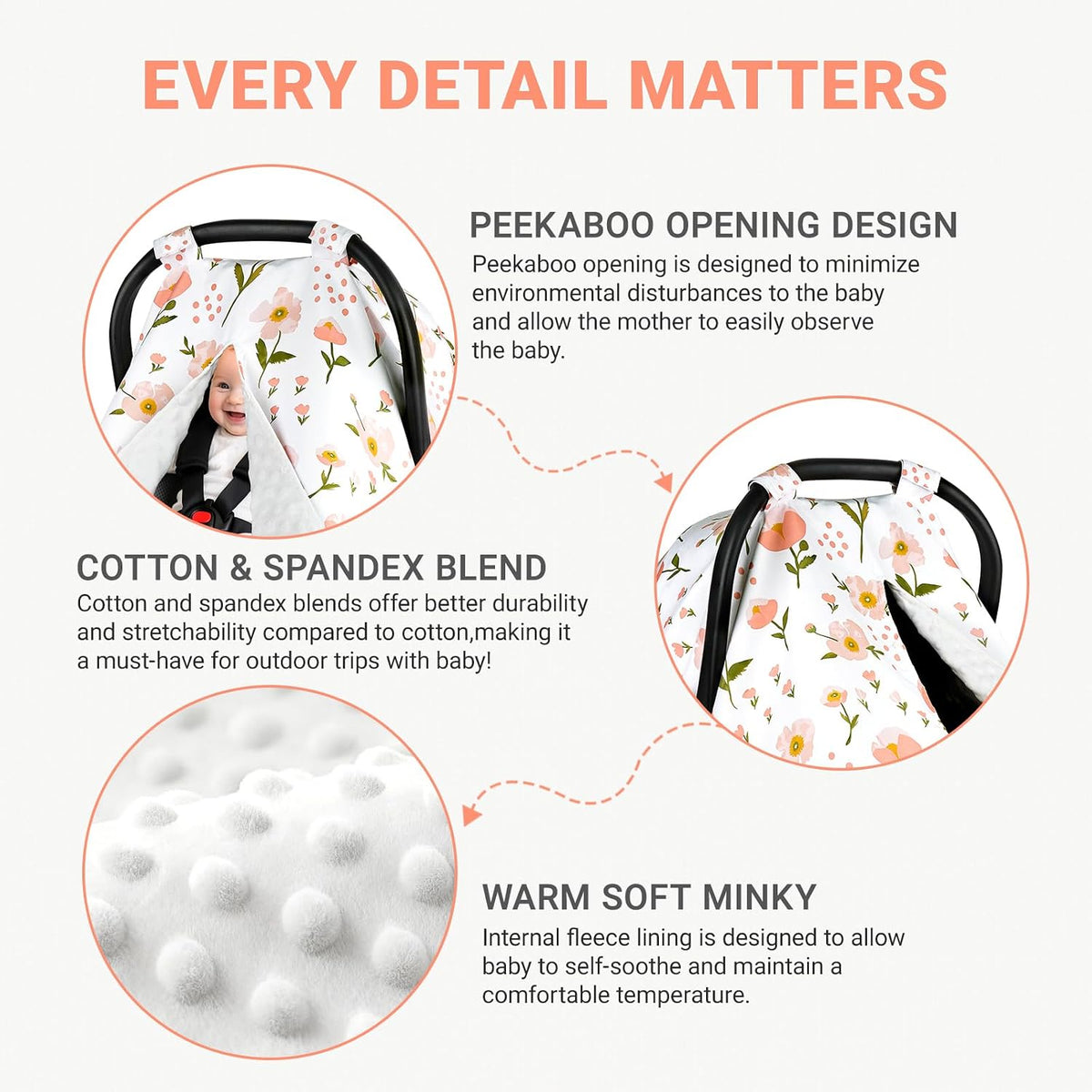 Metplus Baby Girls Car Seat Cover with Peekaboo Opening, Soft Minky Infant Carseat Canopy for Stroller & Carrier, All-Season Privacy Shield, Baby Shower Gift (Pink Flowers)