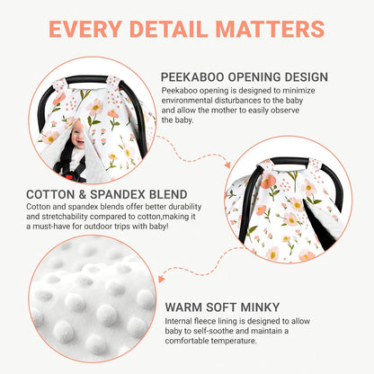 Metplus Baby Girls Car Seat Cover with Peekaboo Opening, Soft Minky Infant Carseat Canopy for Stroller & Carrier, All-Season Privacy Shield, Baby Shower Gift (Pink Flowers)