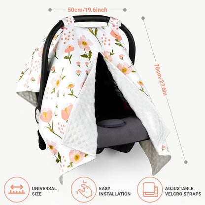 Metplus Baby Girls Car Seat Cover with Peekaboo Opening, Soft Minky Infant Carseat Canopy for Stroller & Carrier, All-Season Privacy Shield, Baby Shower Gift (Pink Flowers)