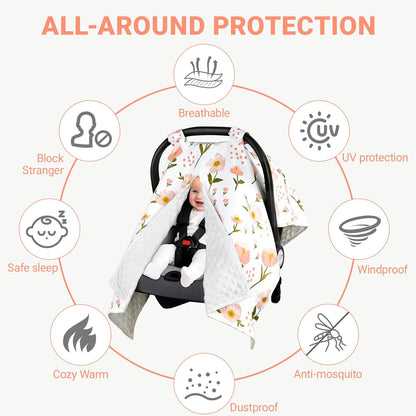 Metplus Baby Girls Car Seat Cover with Peekaboo Opening, Soft Minky Infant Carseat Canopy for Stroller & Carrier, All-Season Privacy Shield, Baby Shower Gift (Pink Flowers)
