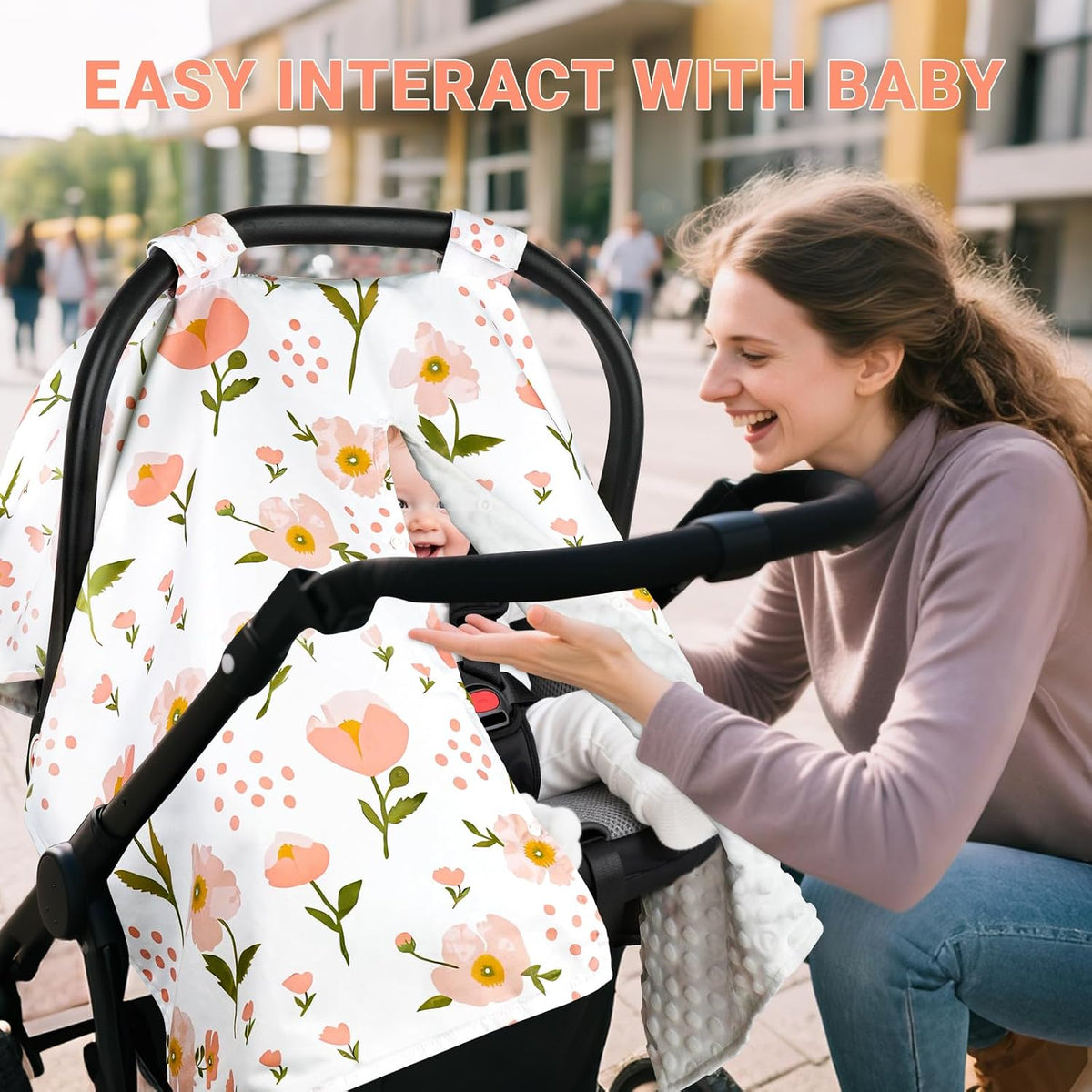 Metplus Baby Girls Car Seat Cover with Peekaboo Opening, Soft Minky Infant Carseat Canopy for Stroller & Carrier, All-Season Privacy Shield, Baby Shower Gift (Pink Flowers)