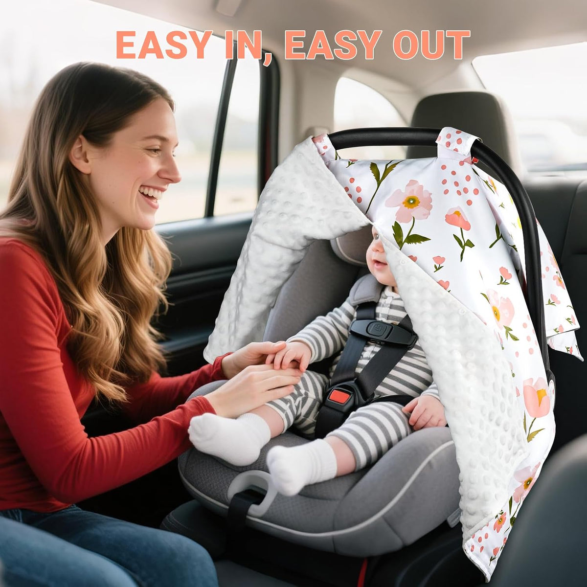 Metplus Baby Girls Car Seat Cover with Peekaboo Opening, Soft Minky Infant Carseat Canopy for Stroller & Carrier, All-Season Privacy Shield, Baby Shower Gift (Pink Flowers)
