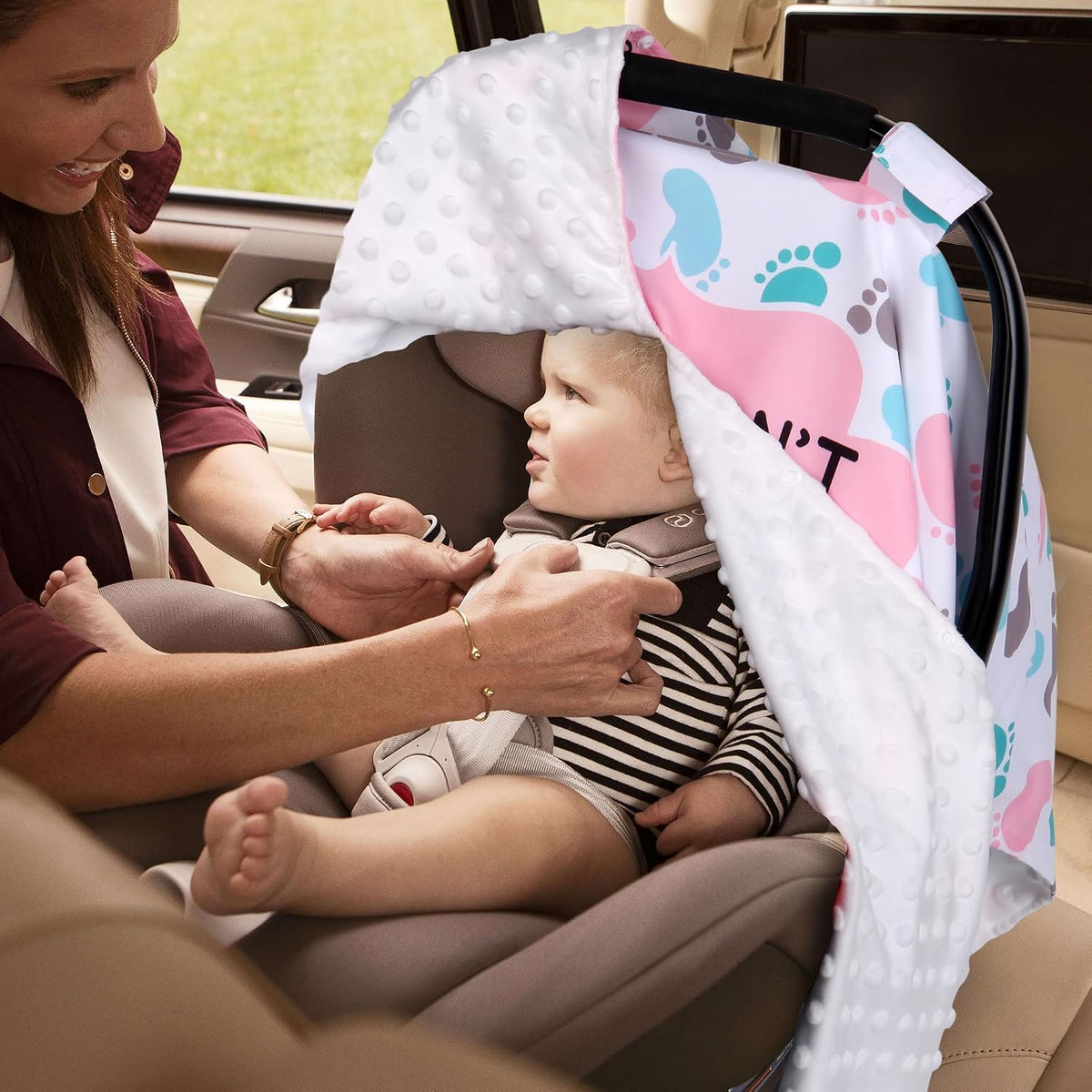 Metplus Baby Girls Car Seat Cover with Peekaboo Opening, Soft Minky Infant Carseat Canopy for Stroller & Carrier, All-Season Privacy Shield, Baby Shower Gift (Pink Flowers)