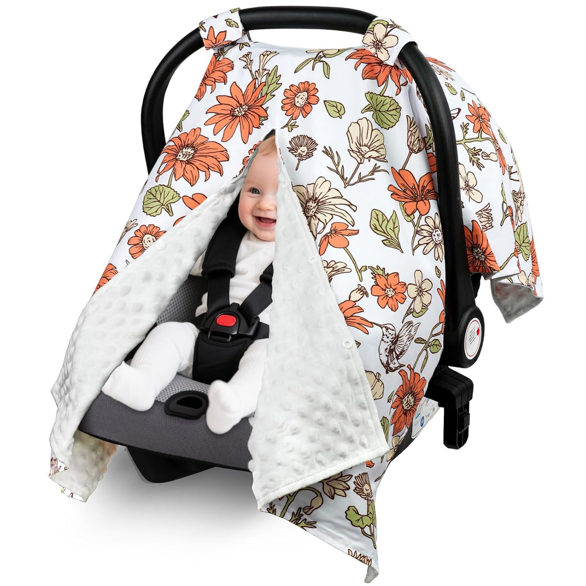 Metplus Baby Girls Car Seat Cover with Peekaboo Opening, Soft Minky Infant Carseat Canopy for Stroller & Carrier, All-Season Privacy Shield, Baby Shower Gift (Pink Flowers)