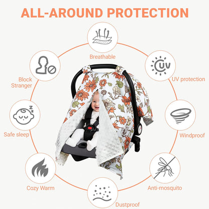 Metplus Baby Girls Car Seat Cover with Peekaboo Opening, Soft Minky Infant Carseat Canopy for Stroller & Carrier, All-Season Privacy Shield, Baby Shower Gift (Pink Flowers)