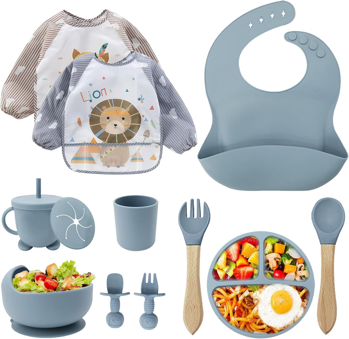 Silicone Baby Feeding Set, Toddler Feeding Set 12 Pcs, Suction Bowl and Baby Plate, Silicone Bib,Spoon,Fork & Sippy Cup,BPA Free Weaning Set, Baby Cutlery,Baby Gifts & Presents (Blue)