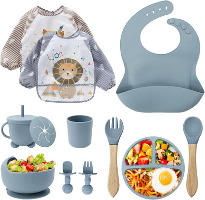 Silicone Baby Feeding Set, Toddler Feeding Set 12 Pcs, Suction Bowl and Baby Plate, Silicone Bib,Spoon,Fork & Sippy Cup,BPA Free Weaning Set, Baby Cutlery,Baby Gifts & Presents (Blue)