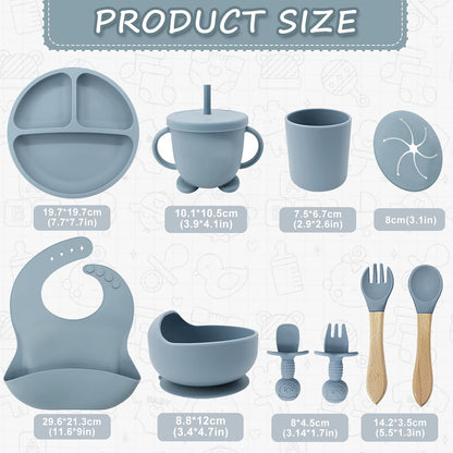 Silicone Baby Feeding Set, Toddler Feeding Set 12 Pcs, Suction Bowl and Baby Plate, Silicone Bib,Spoon,Fork & Sippy Cup,BPA Free Weaning Set, Baby Cutlery,Baby Gifts & Presents (Blue)