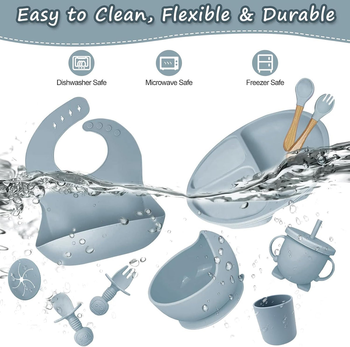 Silicone Baby Feeding Set, Toddler Feeding Set 12 Pcs, Suction Bowl and Baby Plate, Silicone Bib,Spoon,Fork & Sippy Cup,BPA Free Weaning Set, Baby Cutlery,Baby Gifts & Presents (Blue)