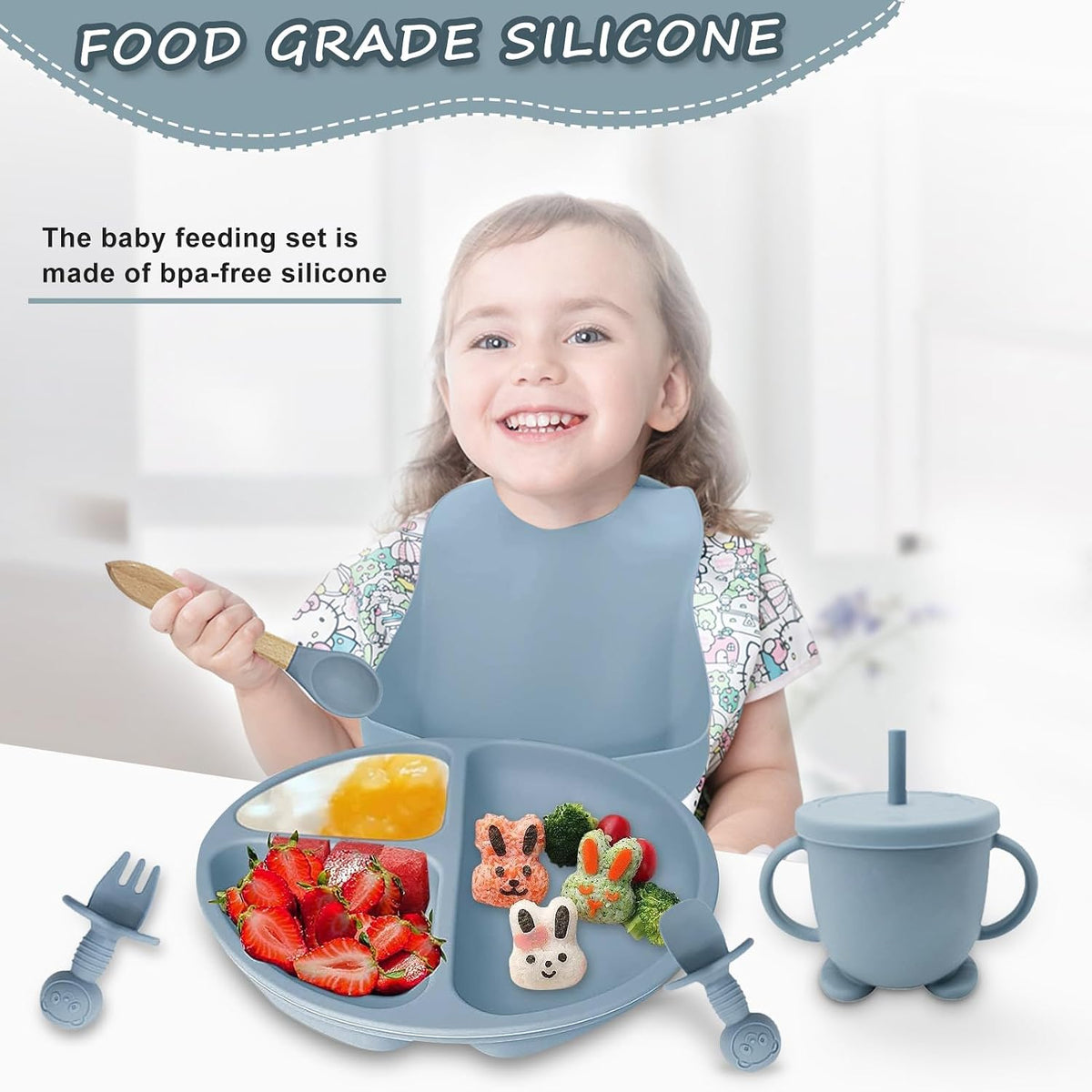 Silicone Baby Feeding Set, Toddler Feeding Set 12 Pcs, Suction Bowl and Baby Plate, Silicone Bib,Spoon,Fork & Sippy Cup,BPA Free Weaning Set, Baby Cutlery,Baby Gifts & Presents (Blue)