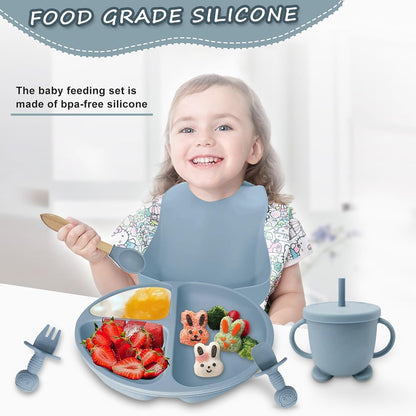 Silicone Baby Feeding Set, Toddler Feeding Set 12 Pcs, Suction Bowl and Baby Plate, Silicone Bib,Spoon,Fork & Sippy Cup,BPA Free Weaning Set, Baby Cutlery,Baby Gifts & Presents (Blue)
