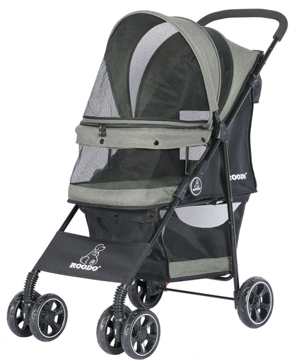 ROODO 4 Wheel Dog Cat Pet Stroller Best Lightweight Foldable Compact Portable Jogger All Terrain Travel Pet Gear Puppy Doggie Bunny Kitty Stroller for up to 30lbs Medium Small Dogs Cats(Light Khaki)