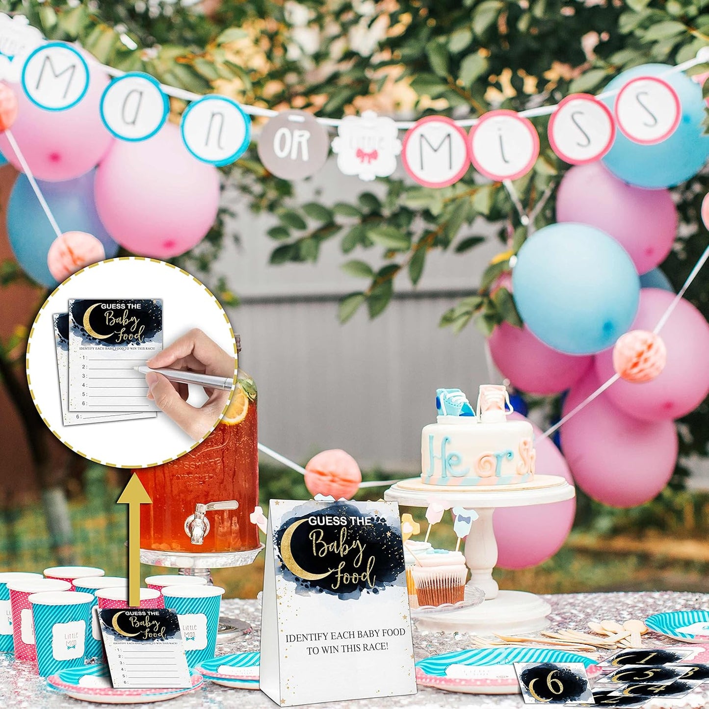 Guess the Baby Food Party Games, Baby Shower Game Set, 1 Standing Sign + 25 Answer Cards + 6 Number Cards, Boho Wild West Gender Reveal Party Decoration Supplies -B05